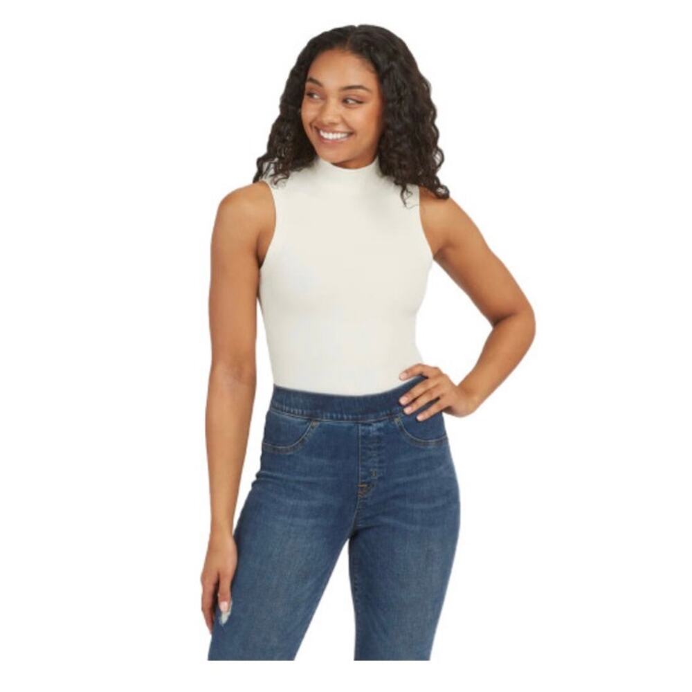 Spanx | Cream Suit Yourself Ribbed Mock Neck Sleeveless Bodysuit | Size Small